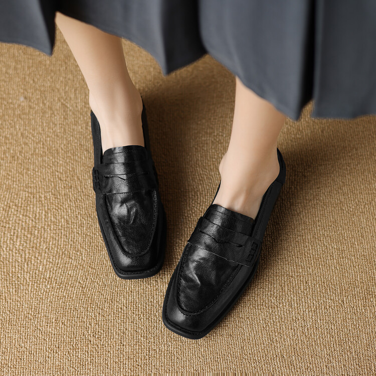 2024 Summer Leather Loafers for Women - Brown Black Slip-On Low Heel Square Toe