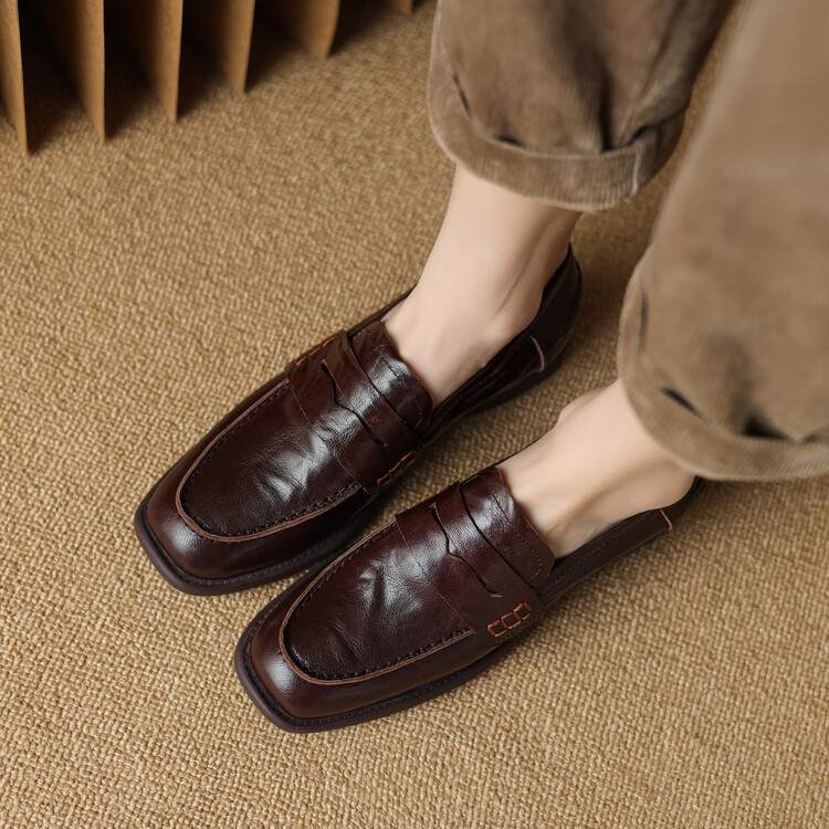 2024 Summer Leather Loafers for Women - Brown Black Slip-On Low Heel Square Toe - Image 2