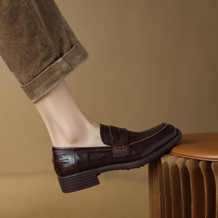 2024 Summer Leather Loafers for Women - Brown Black Slip-On Low Heel Square Toe - Image 3