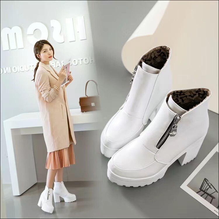 Fashion Mid-Calf Boots with Polka Dot Pattern and Front Zipper
