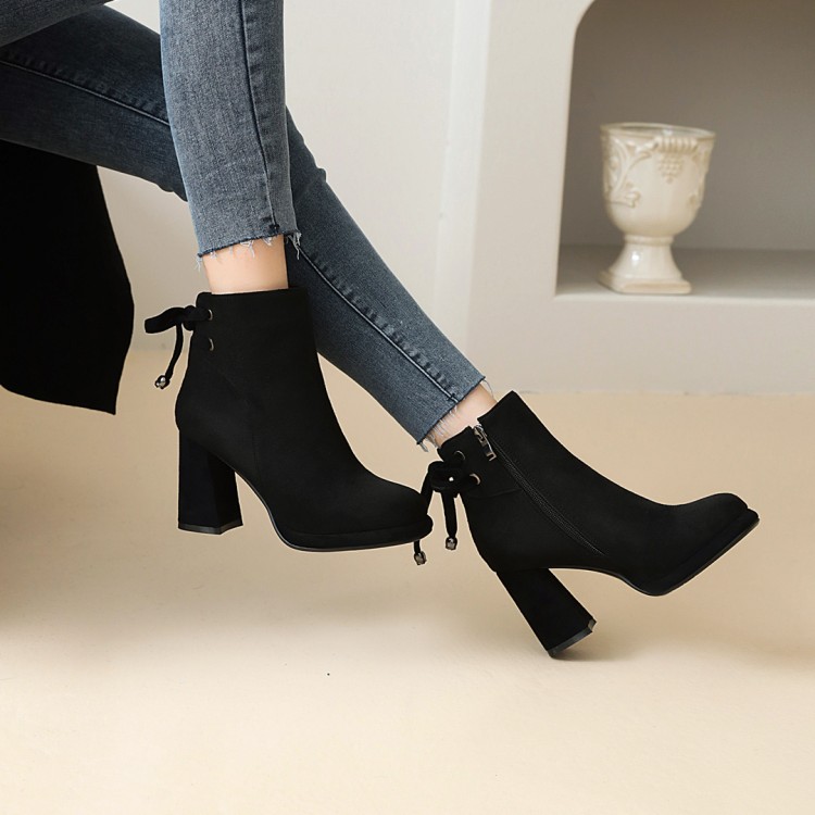 Korean Style Suede Ankle Boots with Chunky Heel and Side Zipper