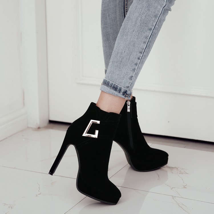 Korean Style Suede High Heel Stiletto Ankle Boots with Rhinestone Metal Platform