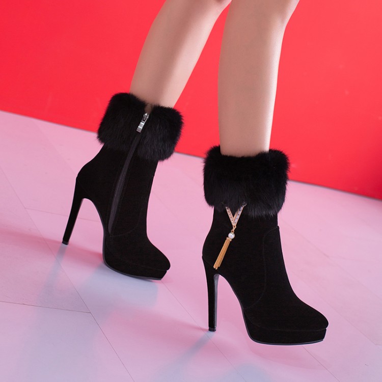 Suede High Heel Stiletto Ankle Boots with Rhinestone and Metal Accents - Image 2