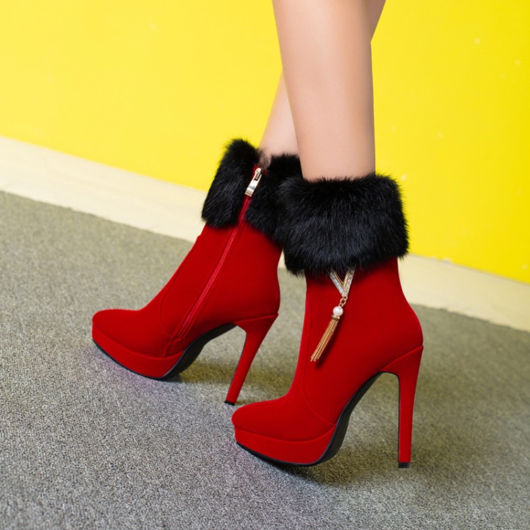 Suede High Heel Stiletto Ankle Boots with Rhinestone and Metal Accents - Image 3