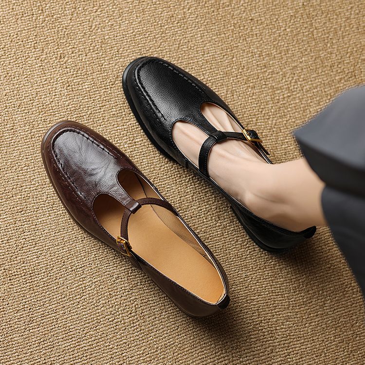 Women's Fashion Flat Shoes Low Heel Round Toe T-Strap - Style s.html
