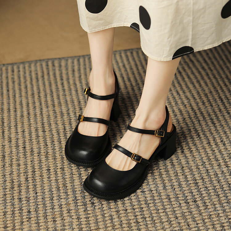 Women's High Heel Chunky Pumps Round Toe Buckle Strap Commuter Shoes