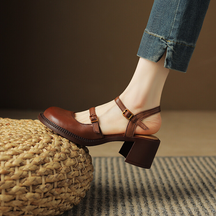 Women's High Heel Chunky Pumps Round Toe Buckle Strap Commuter Shoes - Image 2