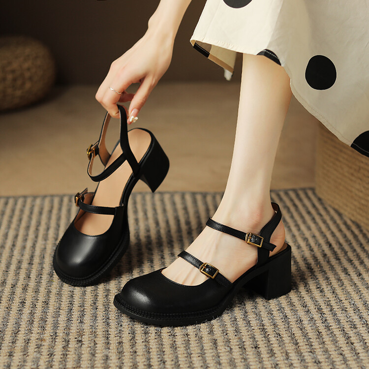 Women's High Heel Chunky Pumps Round Toe Buckle Strap Commuter Shoes - Image 3
