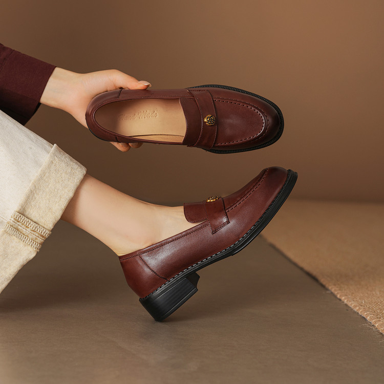 Women's Leather Loafers with Metal Buckle and Chunky Heel