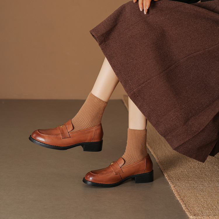 Women's Leather Loafers with Metal Buckle and Chunky Heel - Image 3