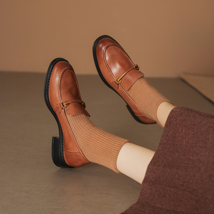 Women's Leather Loafers with Metal Buckle and Chunky Mid Heel
