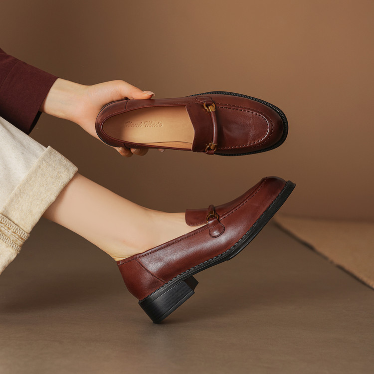Women's Leather Loafers with Metal Buckle and Chunky Mid Heel - Image 2