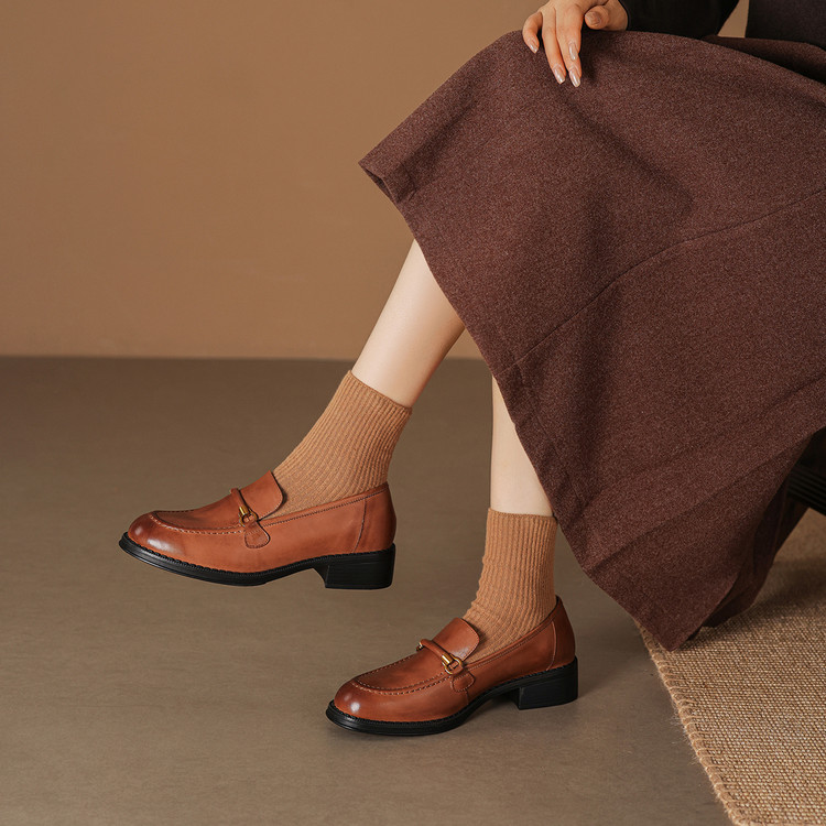 Women's Leather Loafers with Metal Buckle and Chunky Mid Heel - Image 3