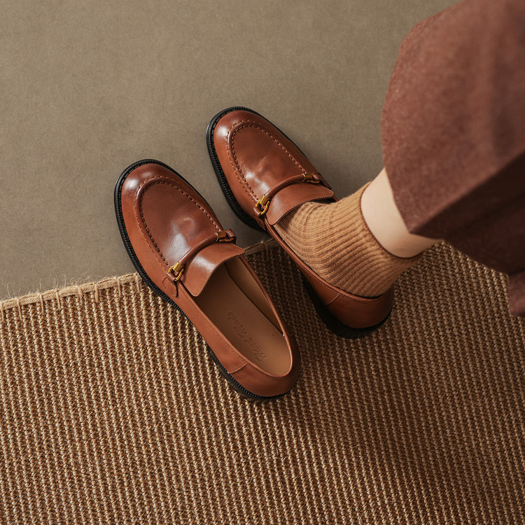 Women's Leather Loafers with Metal Buckle and Chunky Mid Heel - Image 4