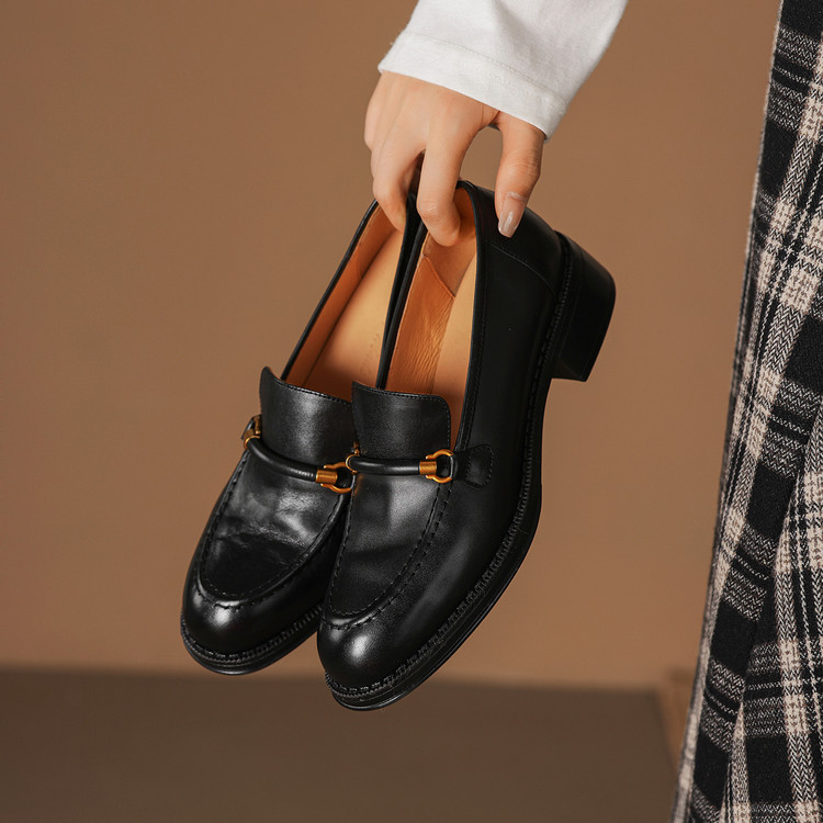 Women's Leather Loafers with Metal Buckle and Chunky Mid Heel - Image 5