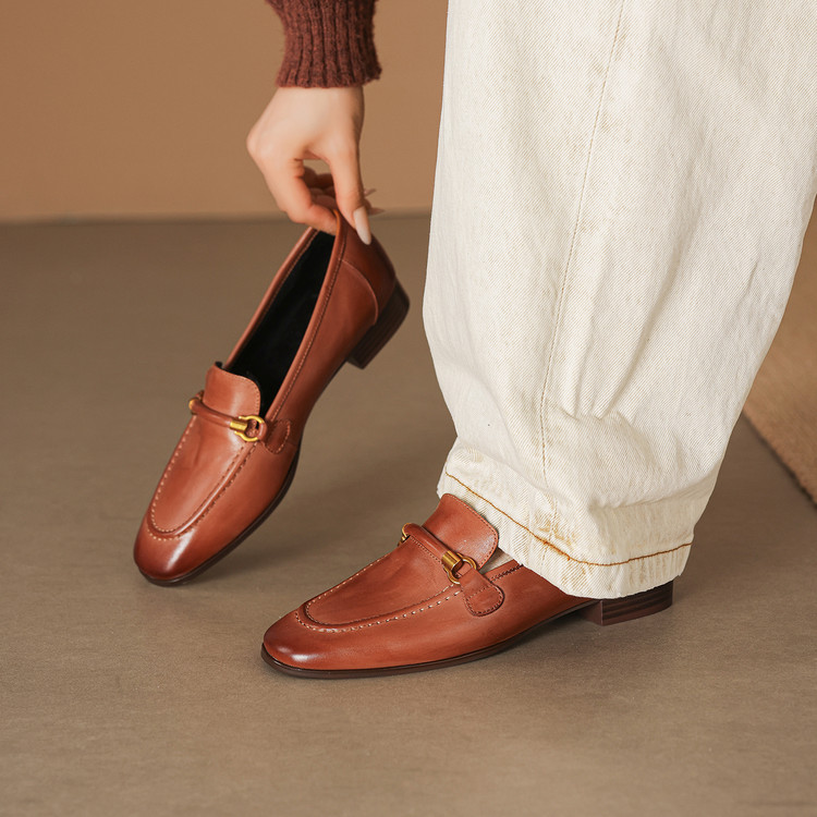 Women's Leather Loafers with Metal Buckle and Low Chunky Heel
