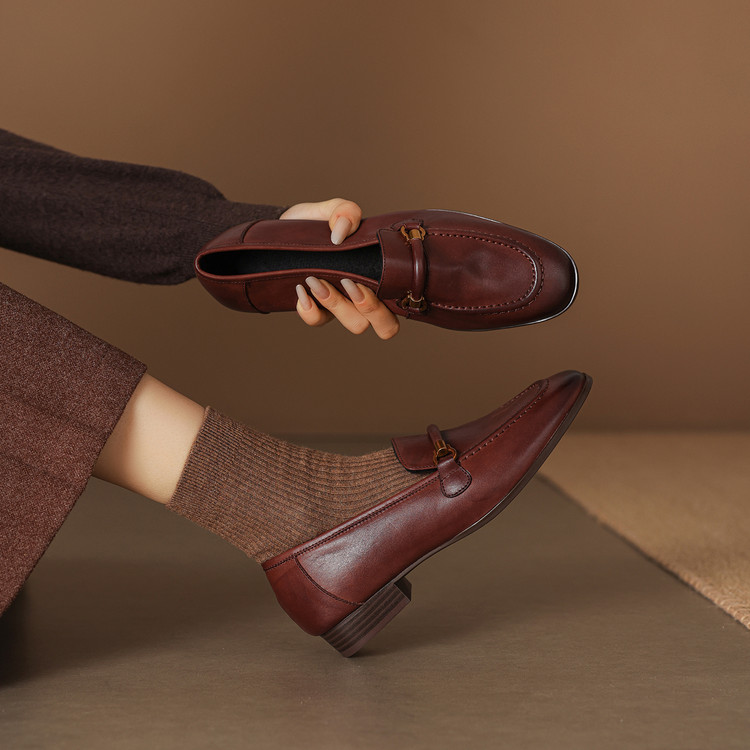 Women's Leather Loafers with Metal Buckle and Low Chunky Heel - Image 2