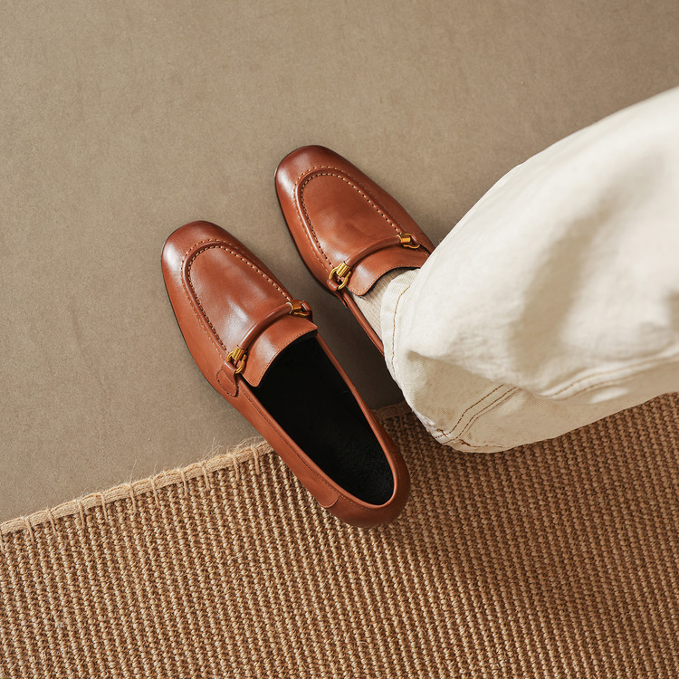 Women's Leather Loafers with Metal Buckle and Low Chunky Heel - Image 3
