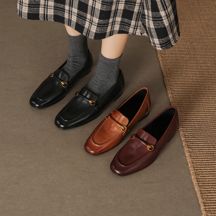 Women's Leather Loafers with Metal Buckle and Low Chunky Heel - Image 4