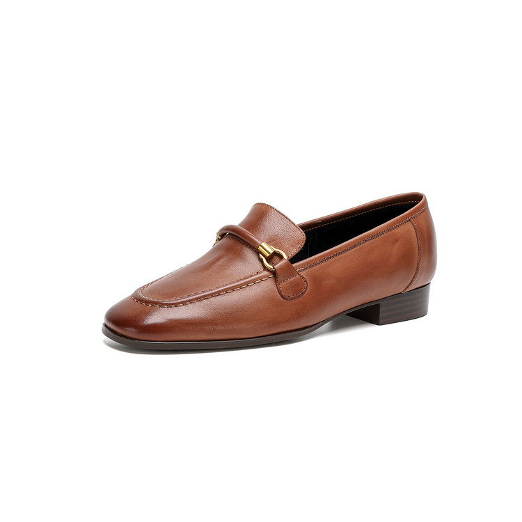 Women's Leather Loafers with Metal Buckle and Low Chunky Heel - Image 5
