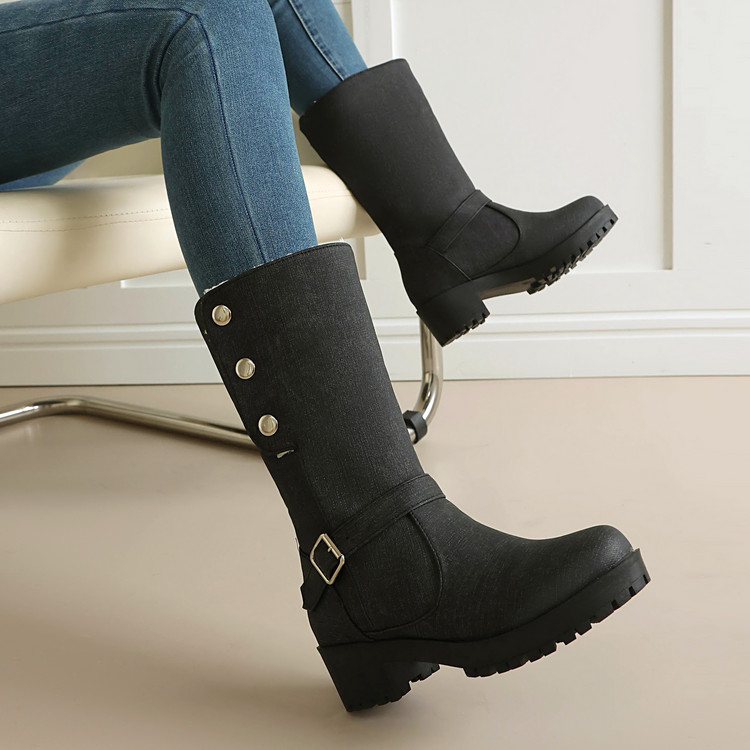 Women's Low Heel Mid Calf Riding Boots with Buckle and Metal Decor