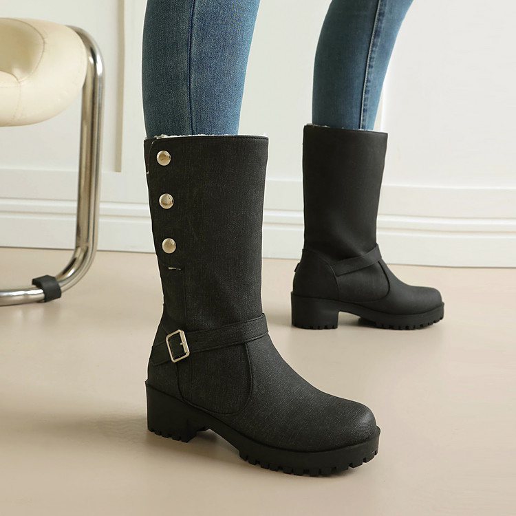 Women's Low Heel Mid Calf Riding Boots with Buckle and Metal Decor - Image 2