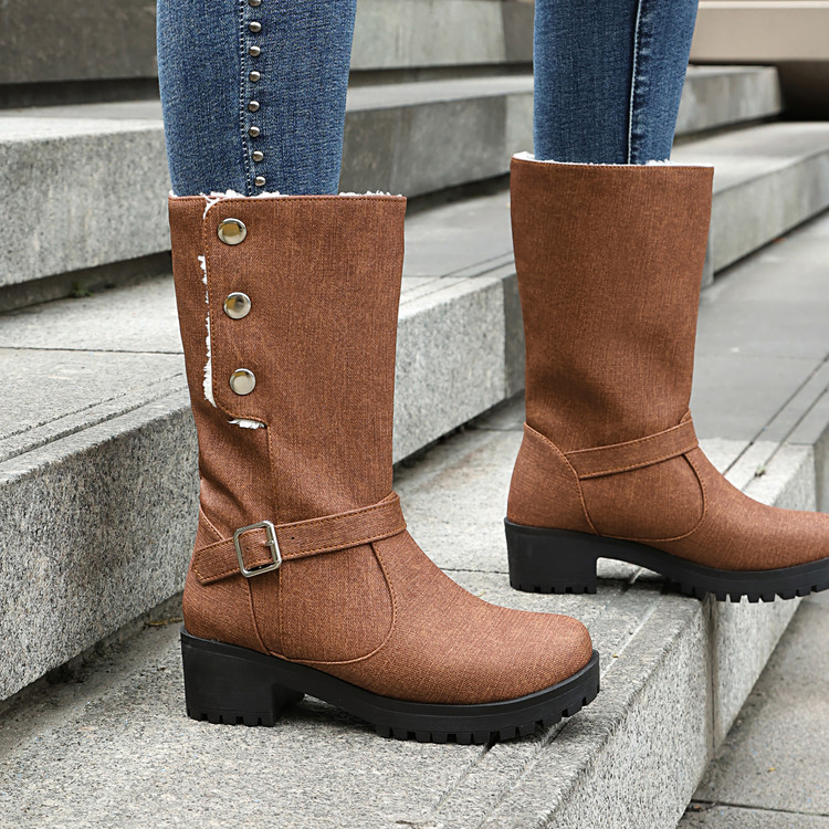 Women's Low Heel Mid Calf Riding Boots with Buckle and Metal Decor - Image 3