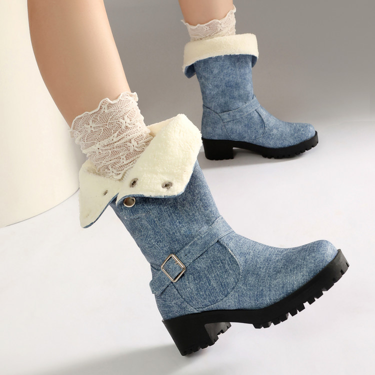 Women's Low Heel Mid Calf Riding Boots with Buckle and Metal Decor - Image 4