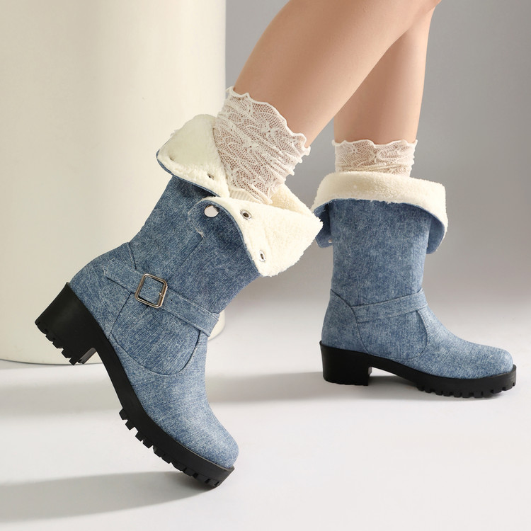 Women's Low Heel Mid Calf Riding Boots with Buckle and Metal Decor - Image 5