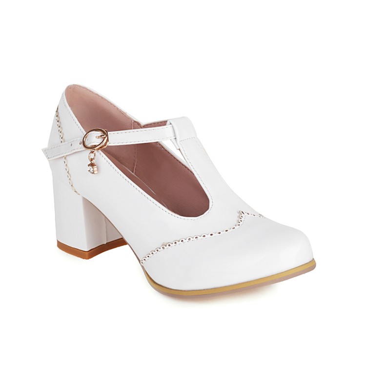 Women's Patent Leather T-Strap Mid Heel Shoes