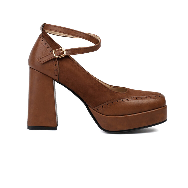 Women's Suede Loafers with Buckle Strap and Chunky High Heel