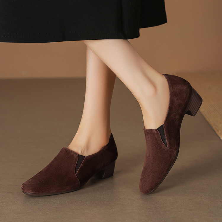 Women's Suede Loafers with Chunky Mid Heel and Square Toe