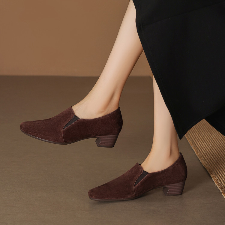 Women's Suede Loafers with Chunky Mid Heel and Square Toe - Image 3