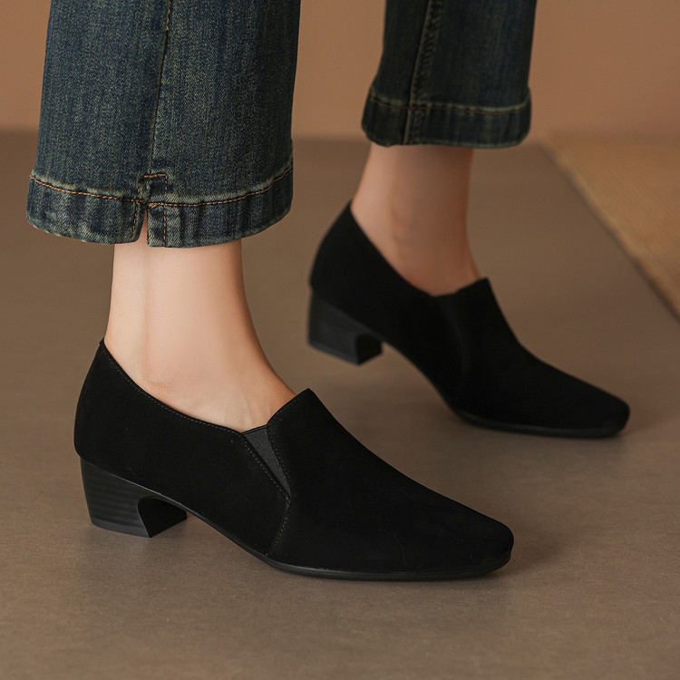 Women's Suede Loafers with Chunky Mid Heel and Square Toe - Image 4