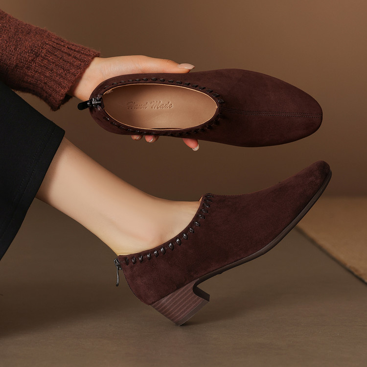 Women's Suede Loafers with Chunky Mid Heel and Woven Detail